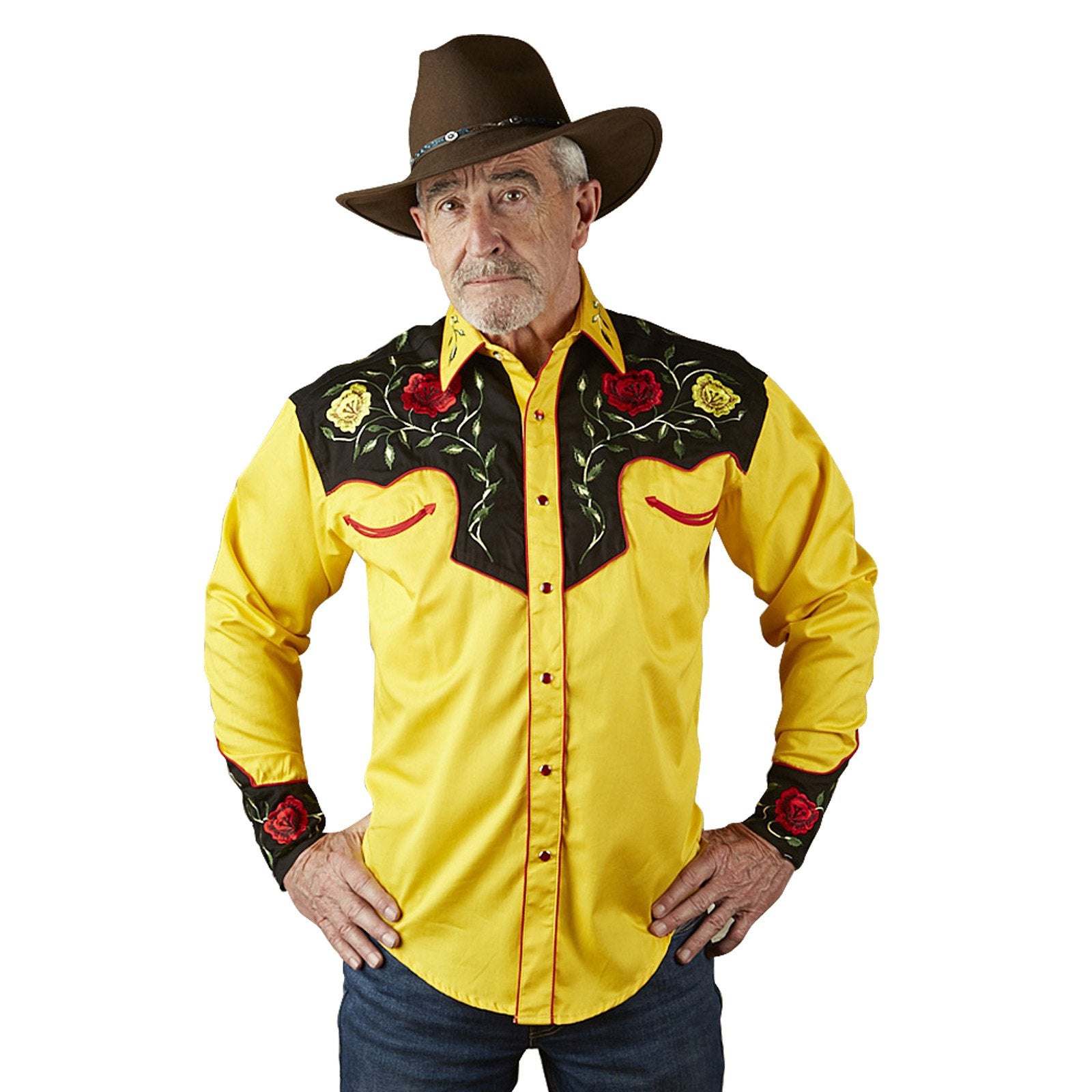 Rockmount Ranch Wear Men's Vintage Western Shirt Floral on Gold Front Untucked on Model