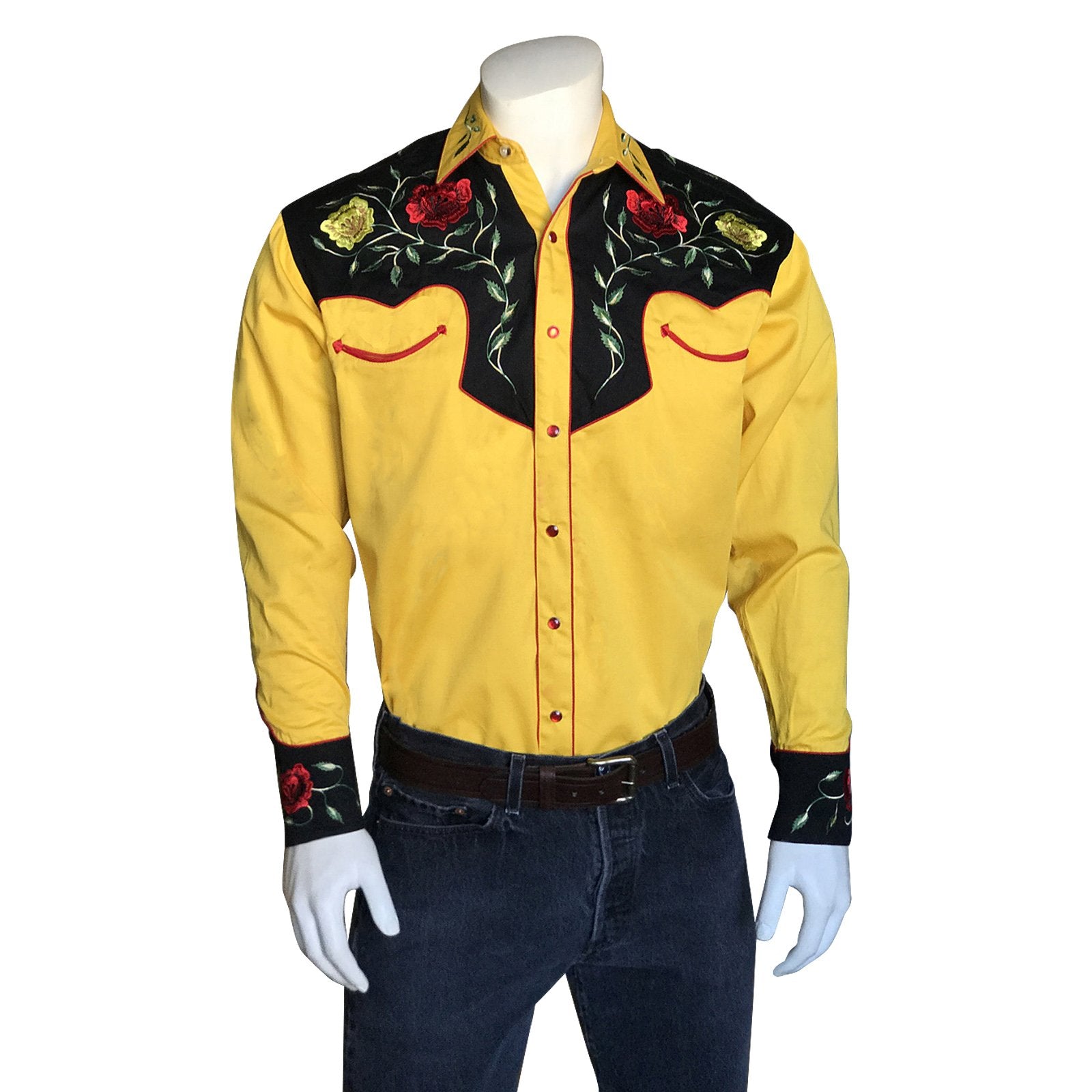 Rockmount Ranch Wear Men's Vintage Western Shirt Floral on Gold Front on Mannequin