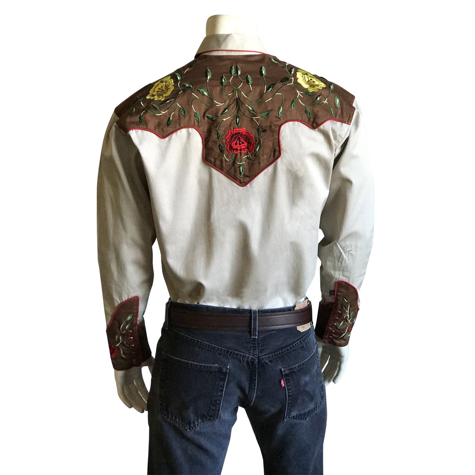Rockmount Ranch Wear Men's Western Vintage Shirt Floral Embroidery Tan Front on Mannequin