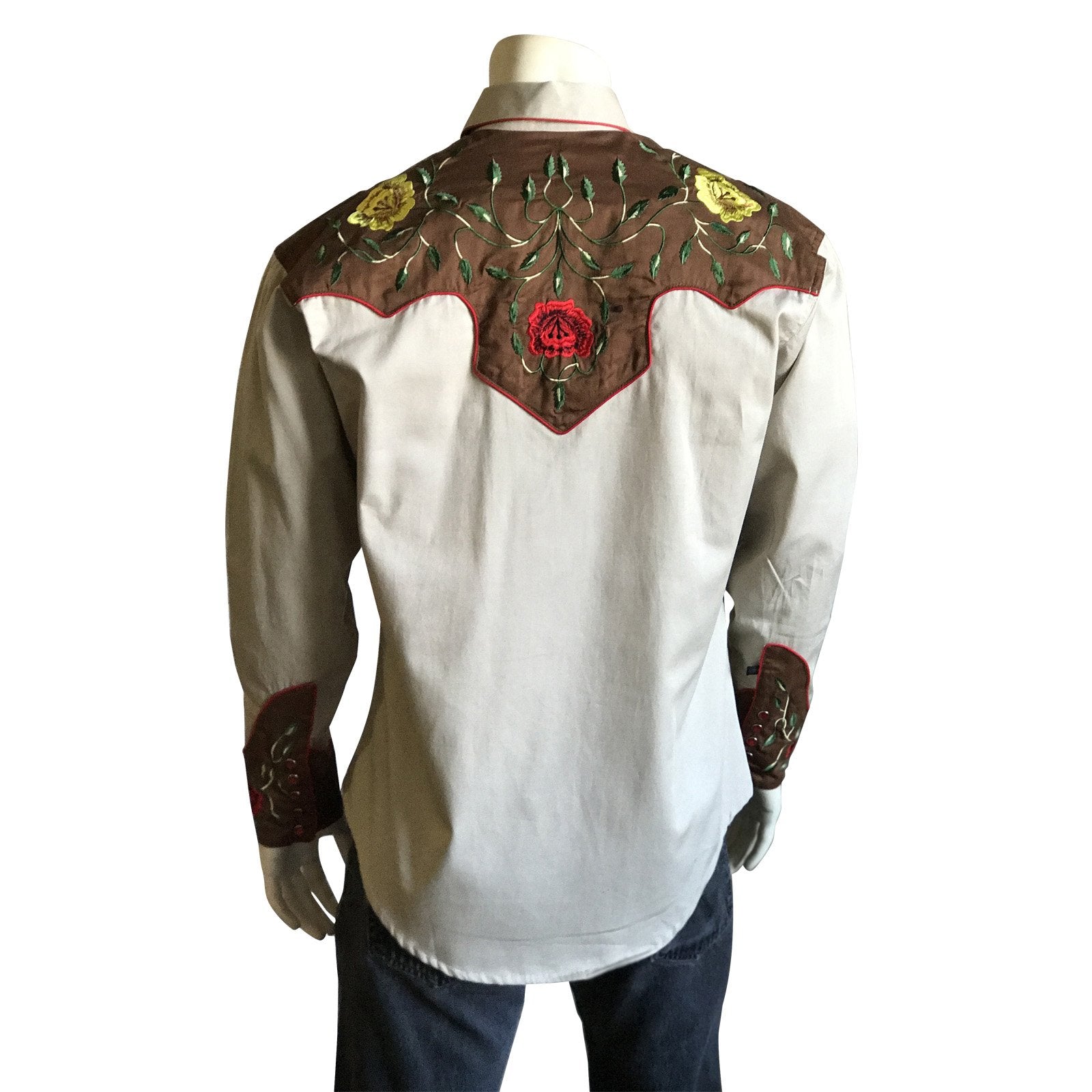 Rockmount Ranch Wear Men's Western Vintage Shirt Floral Embroidery Tan Front on Mannequin