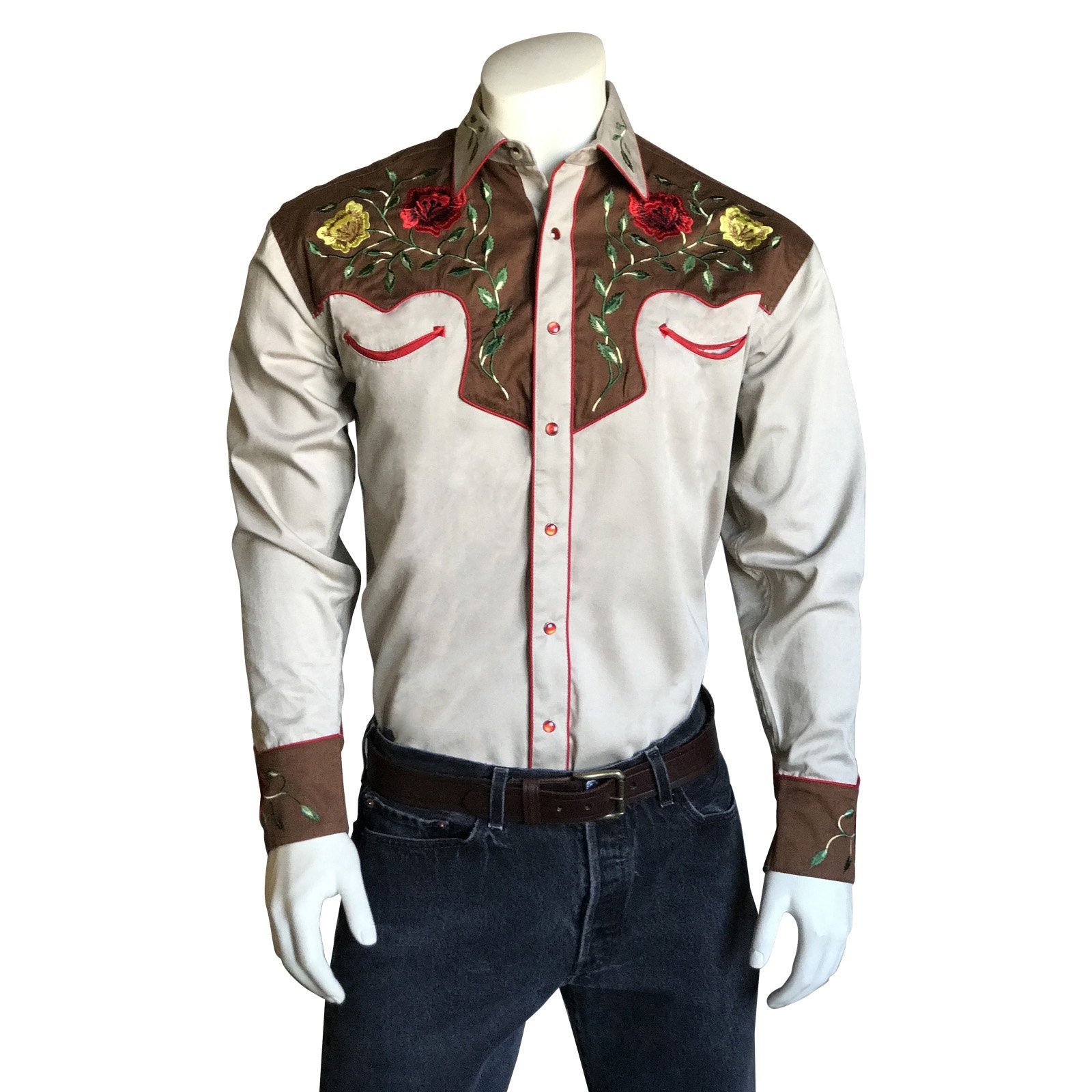 Rockmount Ranch Wear Men's Western Vintage Shirt Floral Embroidery Tan Front on Mannequin