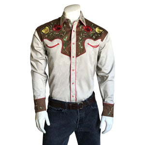 Rockmount Ranch Wear Men's Western Vintage Shirt Floral Embroidery Tan Front on Mannequin