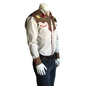 Rockmount Ranch Wear Men's Western Vintage Shirt Floral Embroidery Tan Side on Mannequin