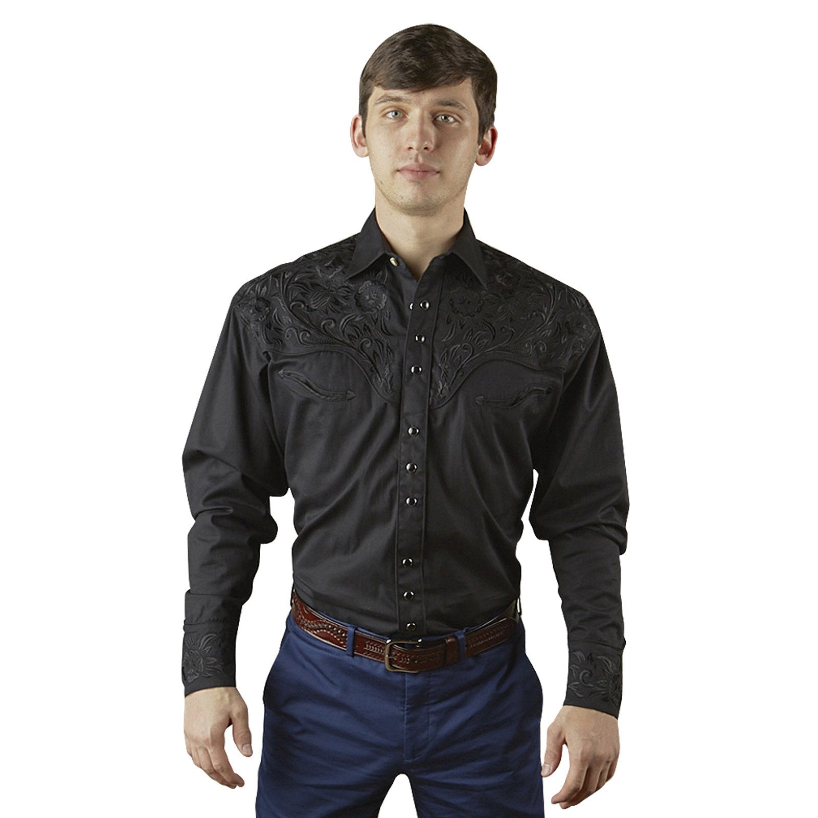 Rockmount Ranch Wear Men's Vintage Western Shirt Floral Embroidery Black Front
