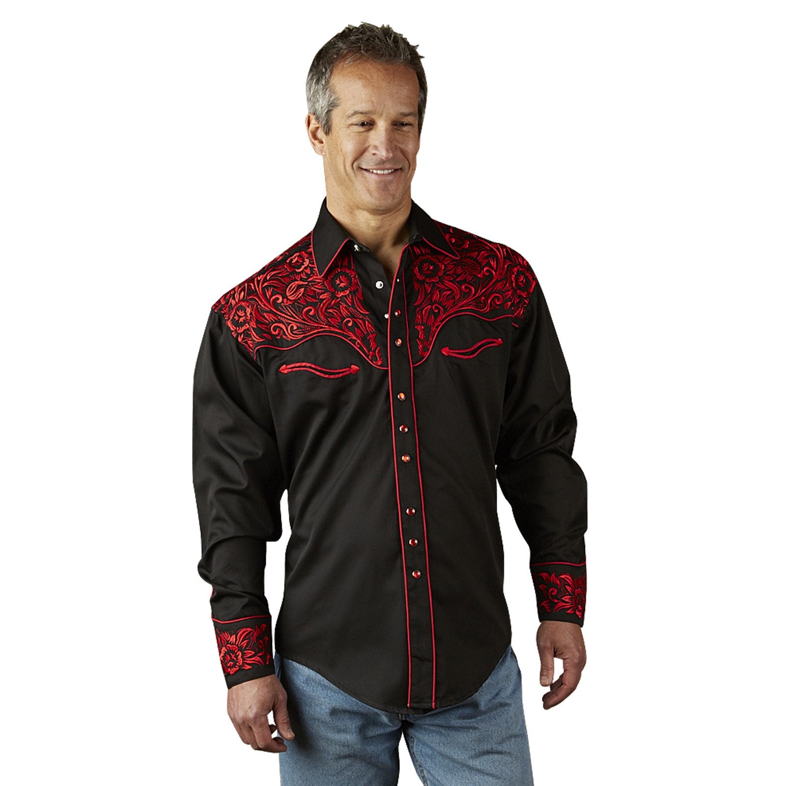 Vintage Inspired Western Shirt Men's Rockmount Ranch Wear Tooling Red Model Front