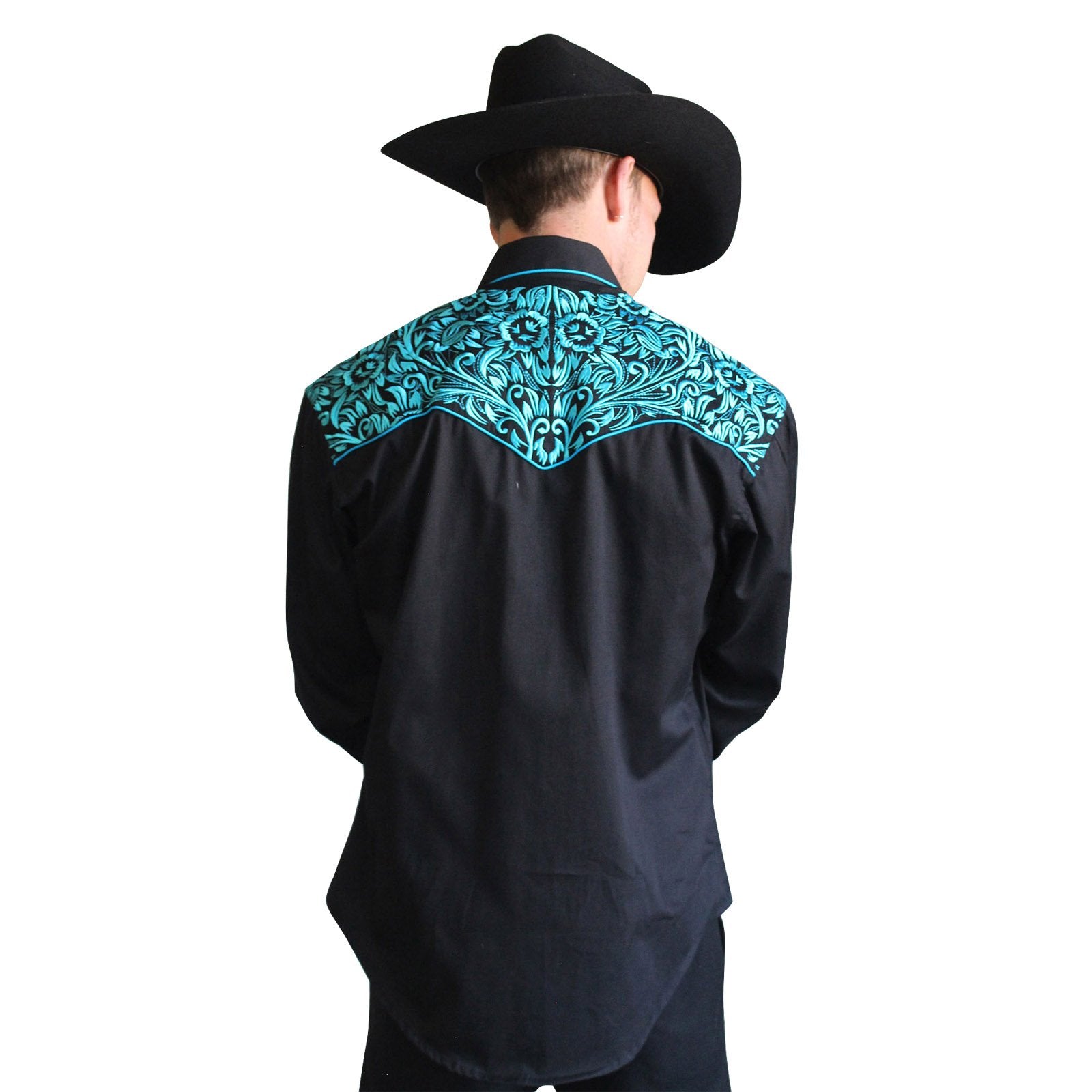 Rockmount Ranch Wear Men's Vintage Western Shirt Embroidered Yolk Turquoise on Black Back