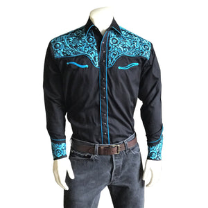 Rockmount Ranch Wear Men's Vintage Western Shirt Embroidered Yolk Turquoise on Black Front