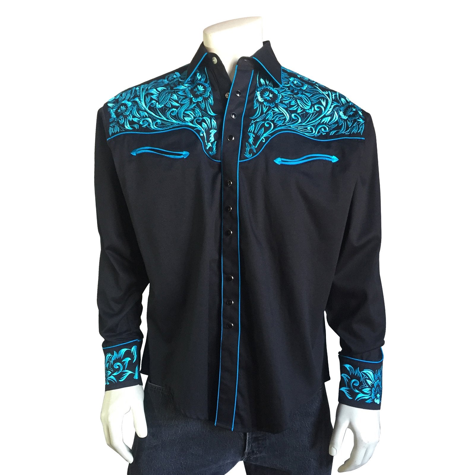 Rockmount Ranch Wear Men's Vintage Western Shirt Embroidered Yolk Turquoise on Black Front