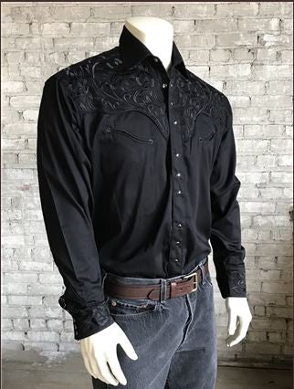 Rockmount Ranch Wear Mens Vintage Western Shirt Floral Embroidery Black Front