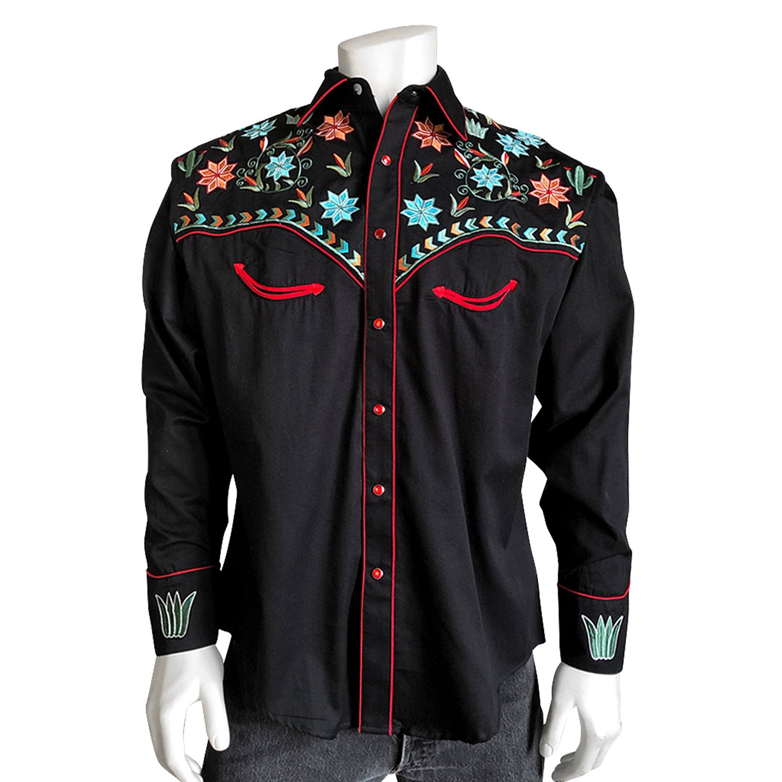 Rockmount Ranch Wear Men's Agave Cactus Floral Embroidery Black Front