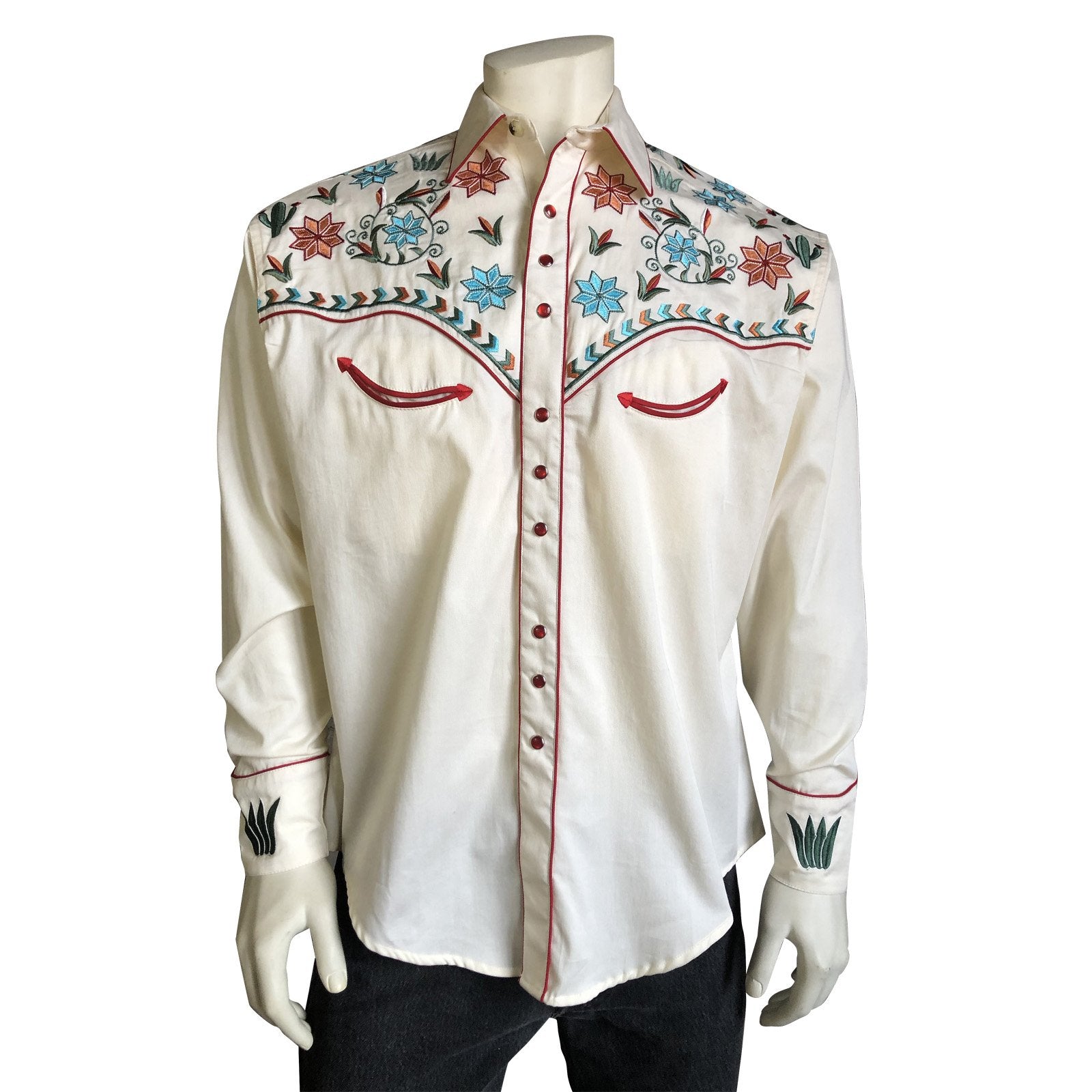 Rockmount Ranch Wear Men's Agave Cactus Floral Embroidery Ivory Front