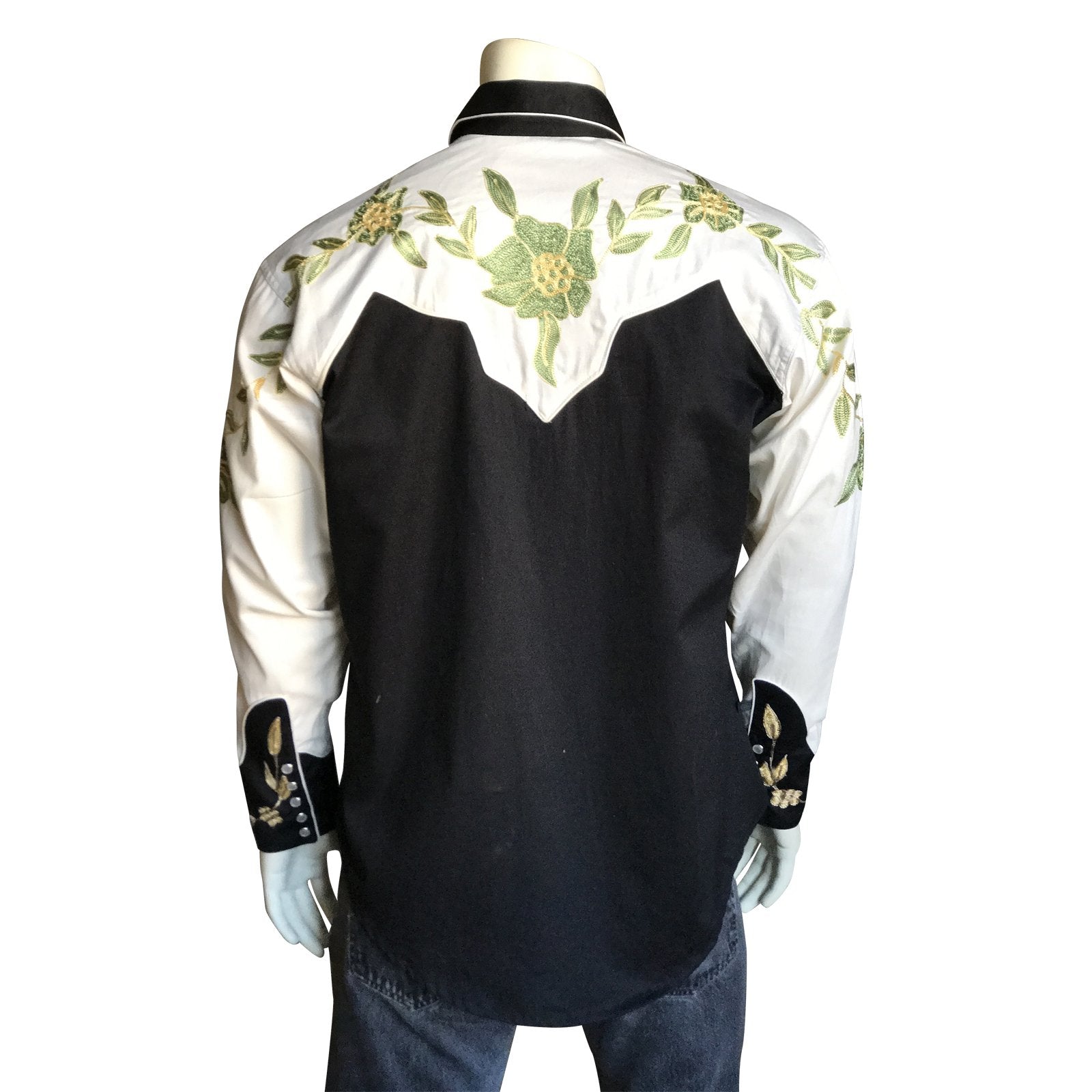 Vintage Inspired Western Shirt Men's Rockmount Ranch Wear 2 Tone Embroidery Back on Mannequin