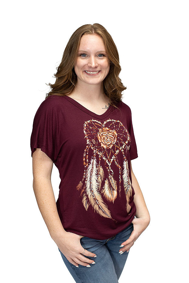 Liberty Wear Ladies' Dreamcatcher Heart Top Burgundy Front