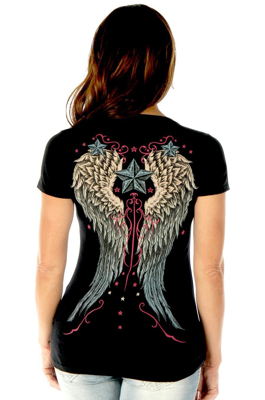 Liberty Wear Women's T-Shirt Vintage Heart & Wings Black Front View Detail