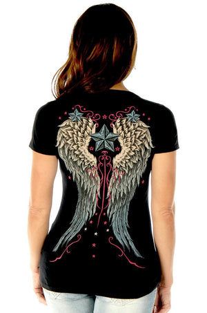 Liberty Wear Women's T-Shirt Vintage Heart & Wings Black Back View