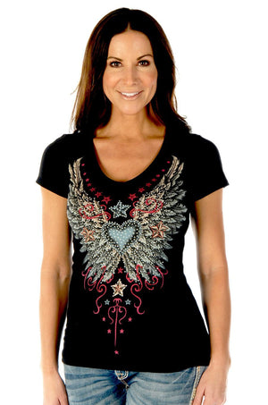Liberty Wear Women's T-Shirt Vintage Heart & Wings Black Front View
