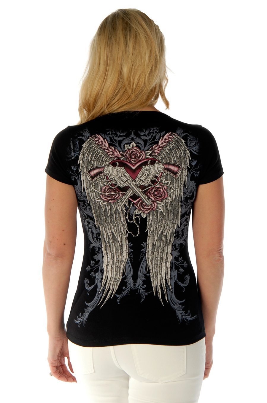 Liberty Wear Women's T-Shirt Guns & Wings Black Short Sleeve Front View