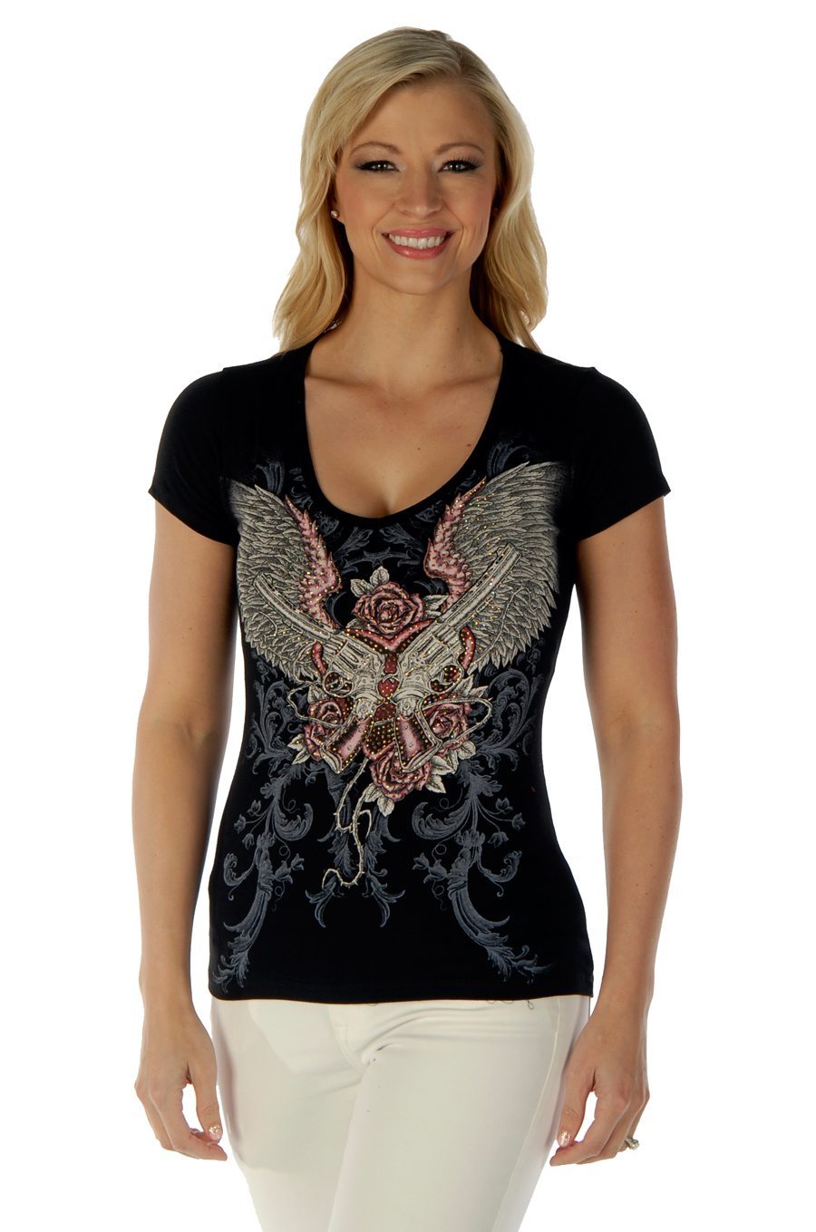 Liberty Wear Women's T-Shirt Guns & Wings Black Short Sleeve Front View