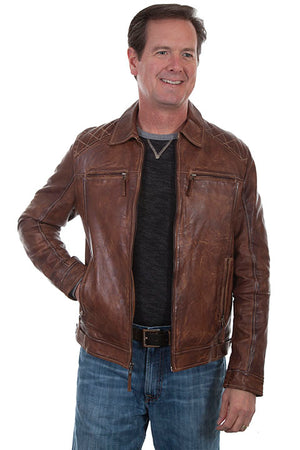 Scully Men's Leather Jacket Casual Zip with Woven Details Brown Front