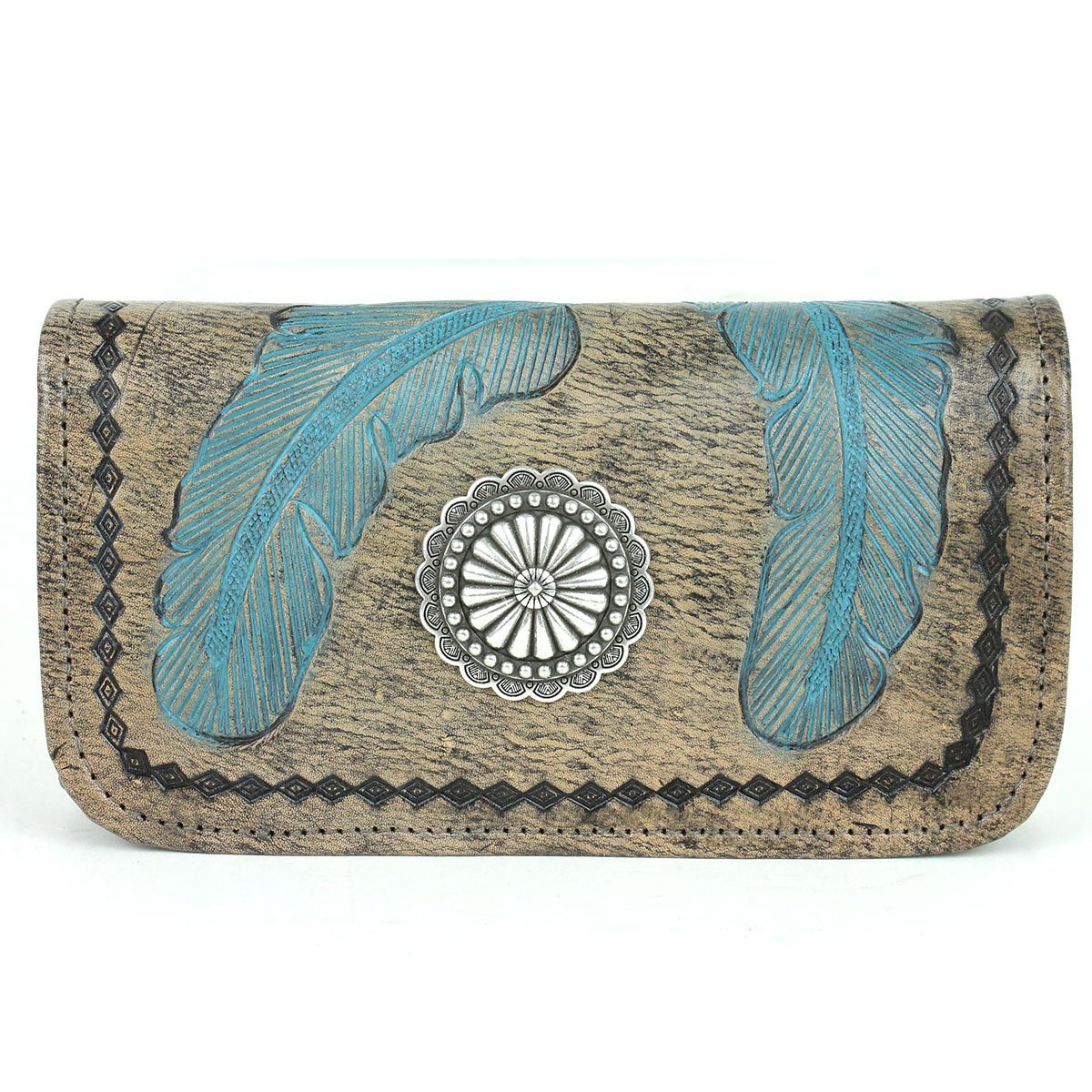 American West Handbag Sacred Bird Collection Tri-Fold Wallet Charcoal Brown and Turquoise Front