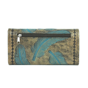 American West Handbag Sacred Bird Collection Tri-Fold Wallet Charcoal Brown and Turquoise Back