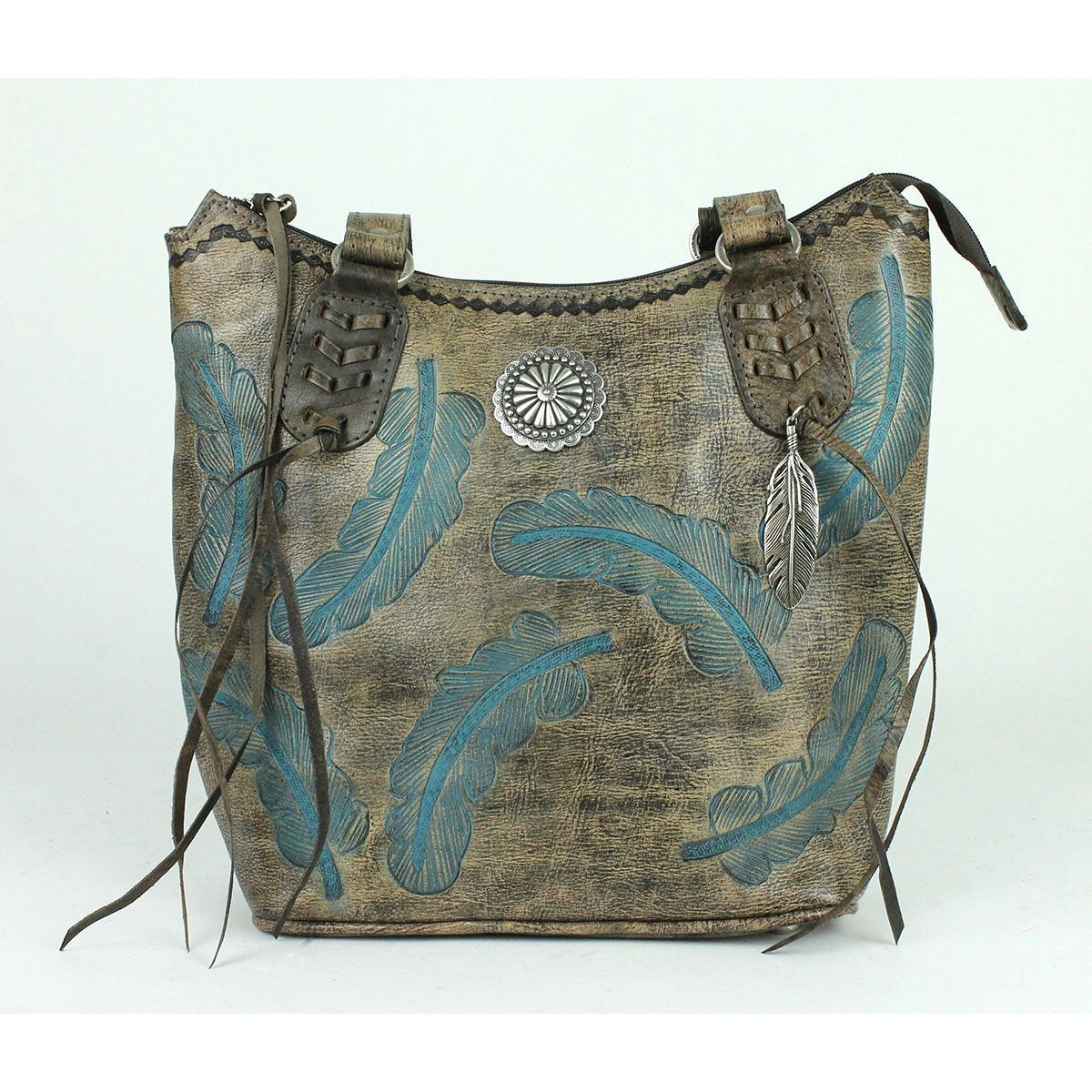 American West Handbag Sacred Bird Collection Zip Top Tote Charcoal Brown/Turquoise Front