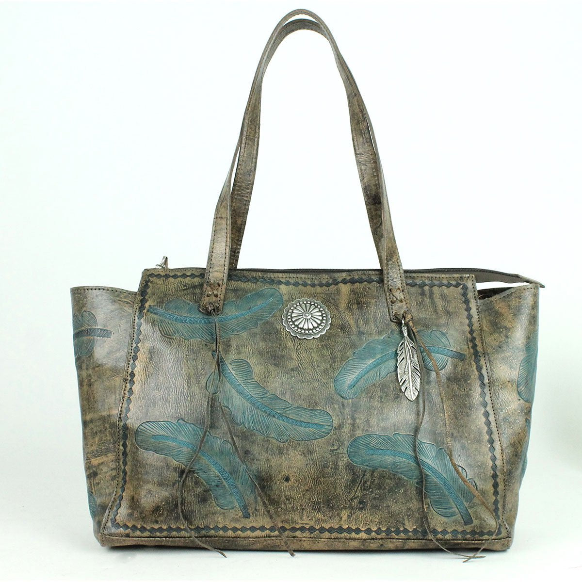 American West Sacred Bird Collection Zip Top Shoulder Tote Charcoal and Turquoise