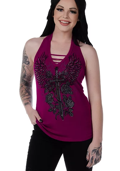 Liberty Wear Tank Vengence Winged Cross Magenta Front #117583