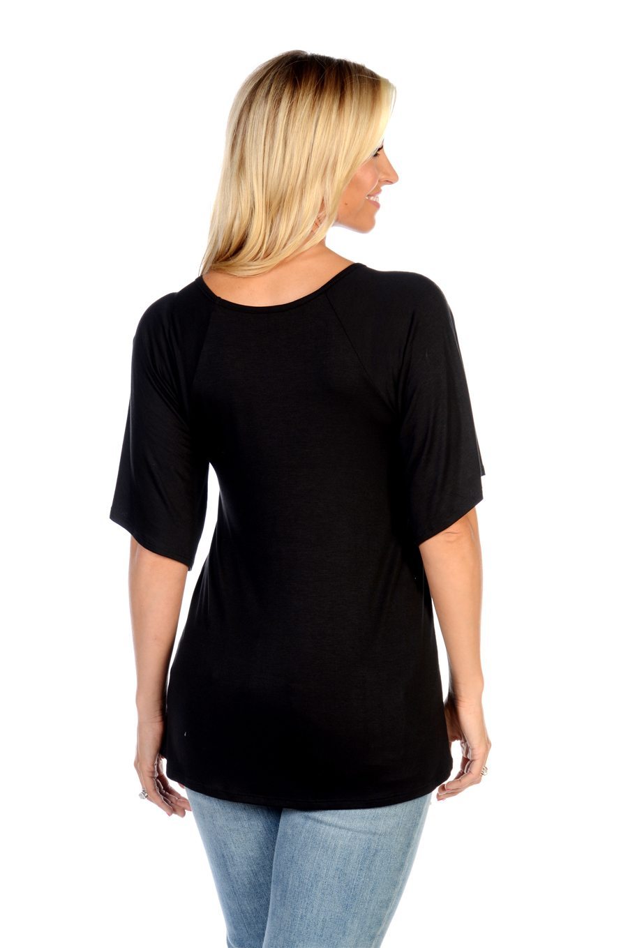 Liberty Wear Top Peekaboo Feather Tri-Cut Neck Black Back View