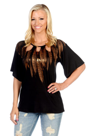 Liberty Wear Top Peekaboo Feather Tri-Cut Neck Black Front View