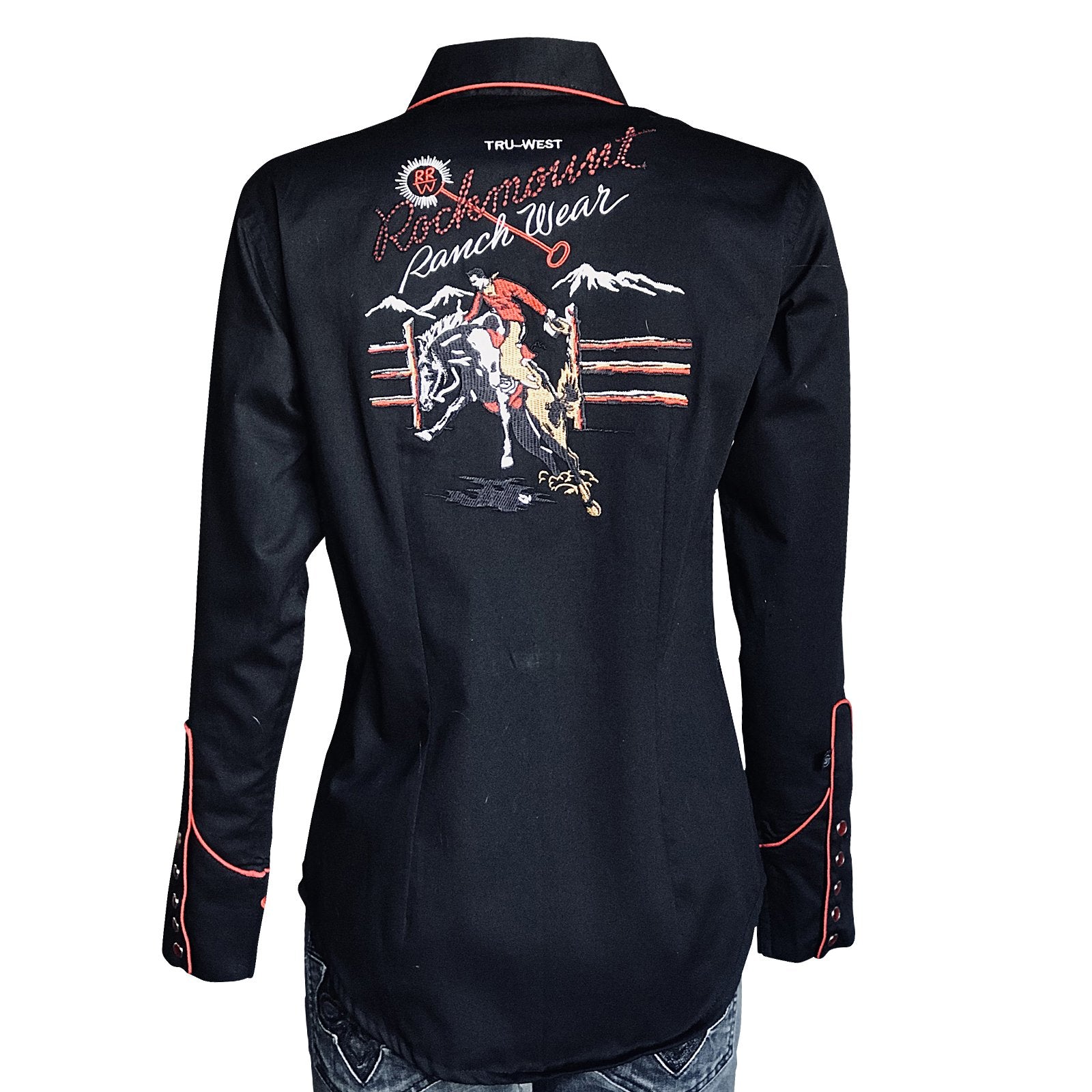 Rockmount Ranch Wear Ladies Vintage Western Shirt Rockmount Bronc Logo Black Back