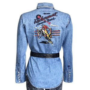 Rockmount Ranch Wear Ladies Vintage Western Shirt Rockmount Bronc Logo Denim Back