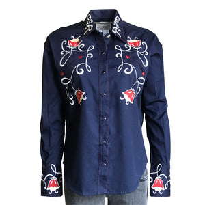 Vintage Inspired Western Shirt Ladies Art Deco Tulip Navy Front