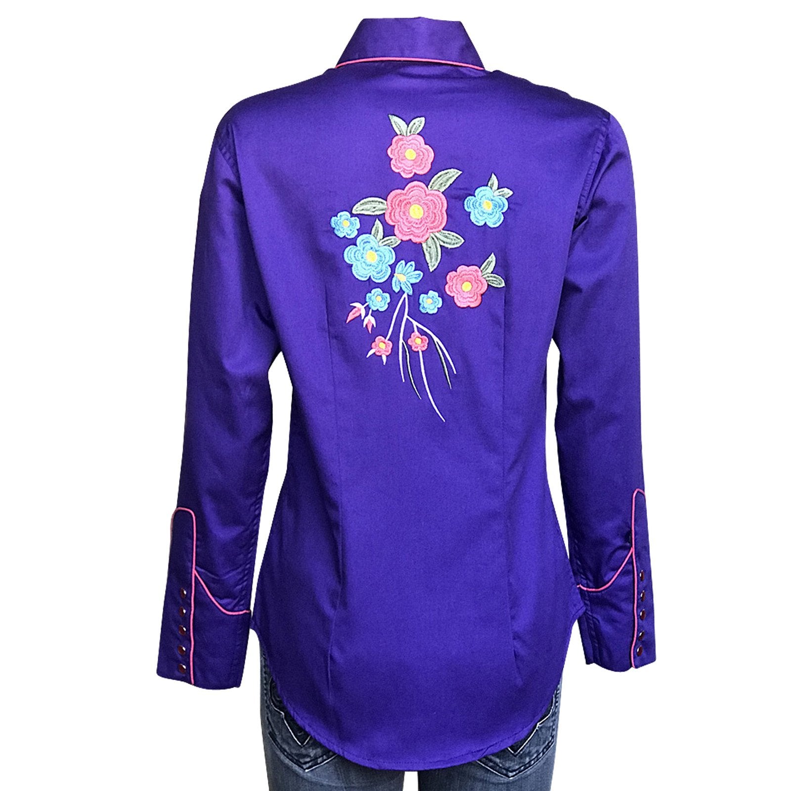 Rockmount Ranch Wear Ladies' Vintage Inspired Western Shirt Embroidered Blooms on Purple Front