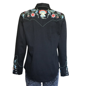 Rockmount Ranch Wear Ladies Western Shirt Floral Embroidery on Black Back