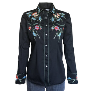 Rockmount Ranch Wear Ladies Western Shirt Floral Embroidery on Black Front