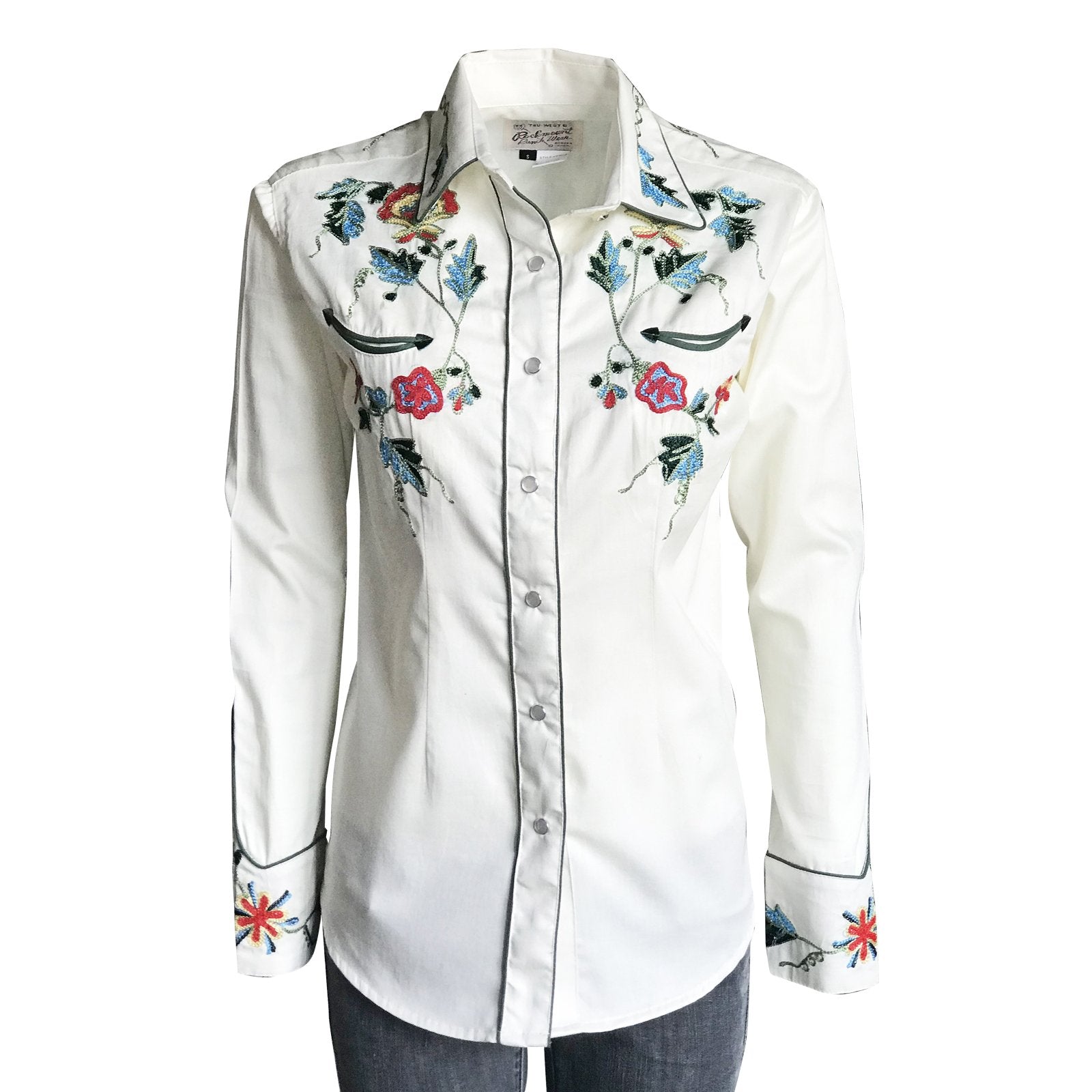 Vintage Inspired Western Shirt Ladies Rockmount Floral Embroidery Ivory Front