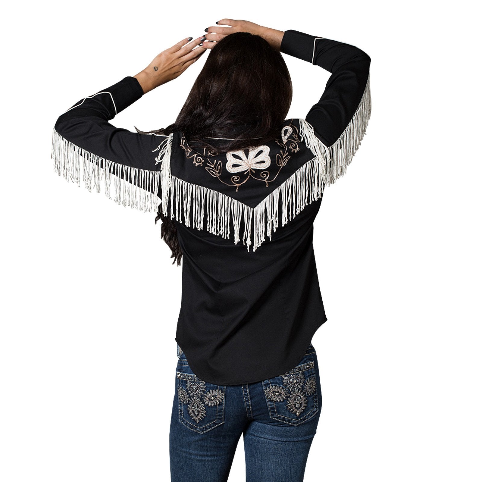 Vintage Inspired Western Shirt Ladies Rockmount Fringe Black on Model Front View