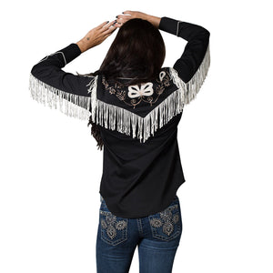 Vintage Inspired Western Shirt Ladies Rockmount Fringe Black on Model Back View