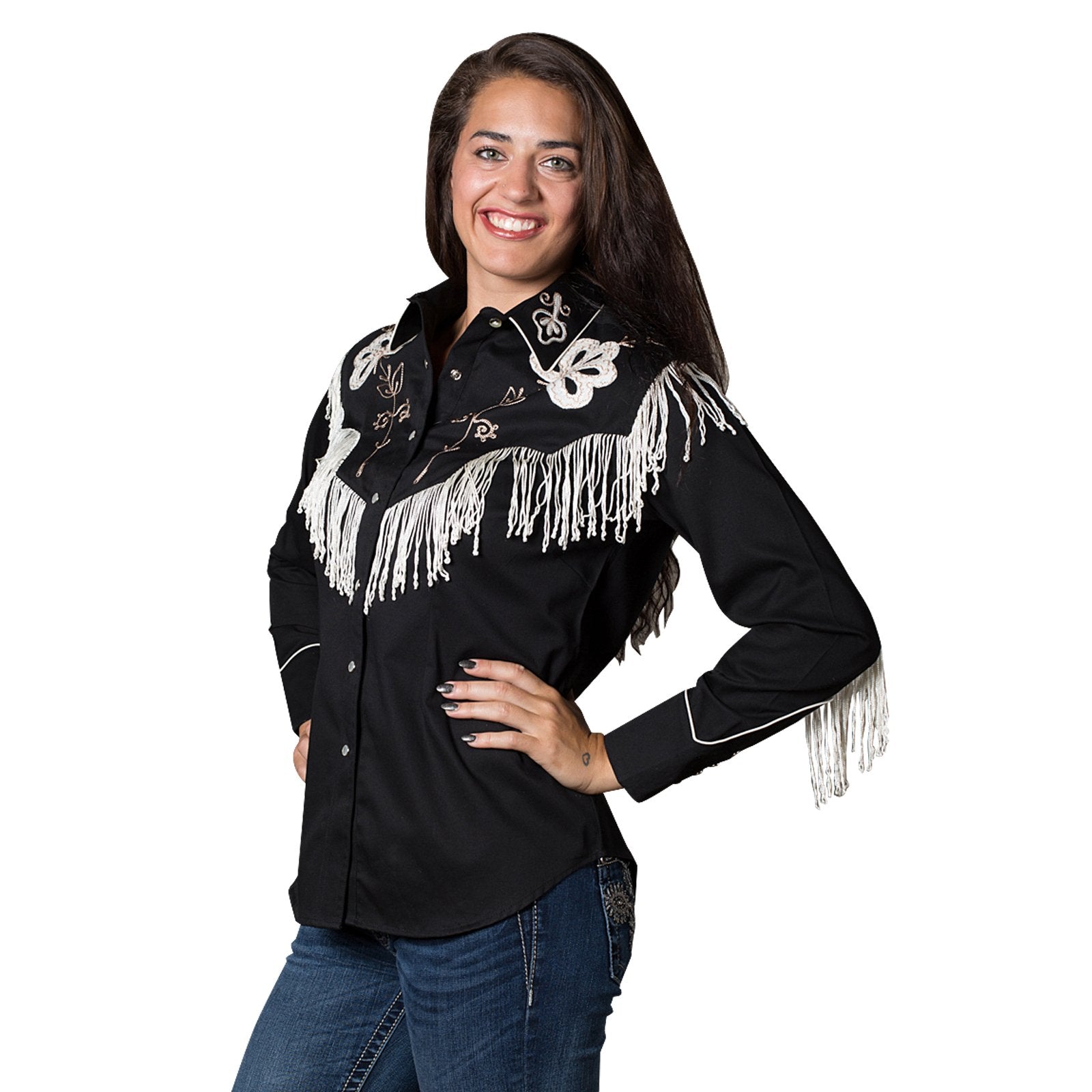 Vintage Inspired Western Shirt Ladies Rockmount Fringe Black on Model Side View