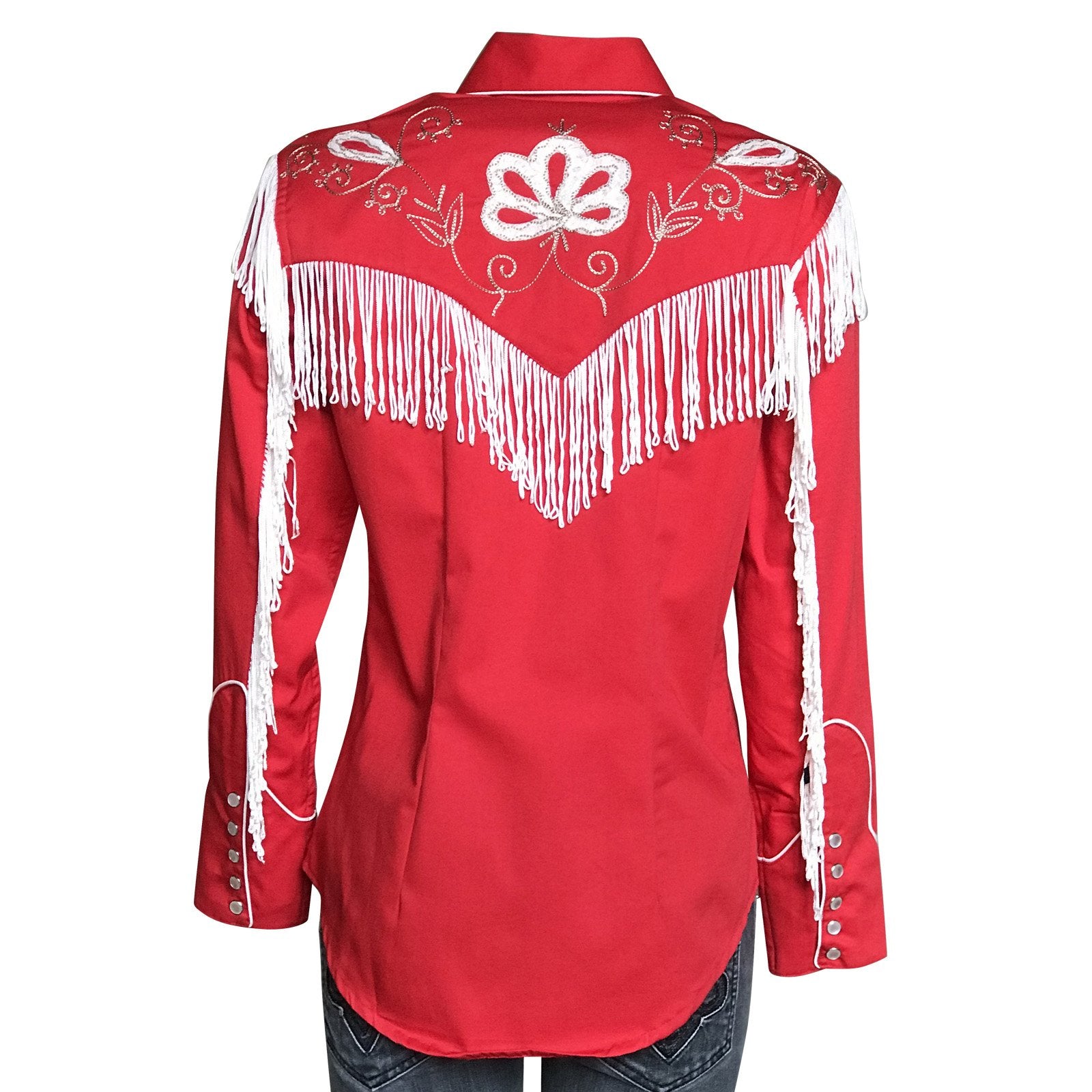 Vintage Inspired Western Shirt Ladies Rockmount Fringe Red Back 