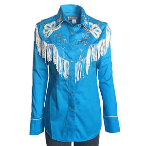 Rockmount Ranch Wear Women's Vintage Western Shirt White Fringe Turquoise Front on Mannequin