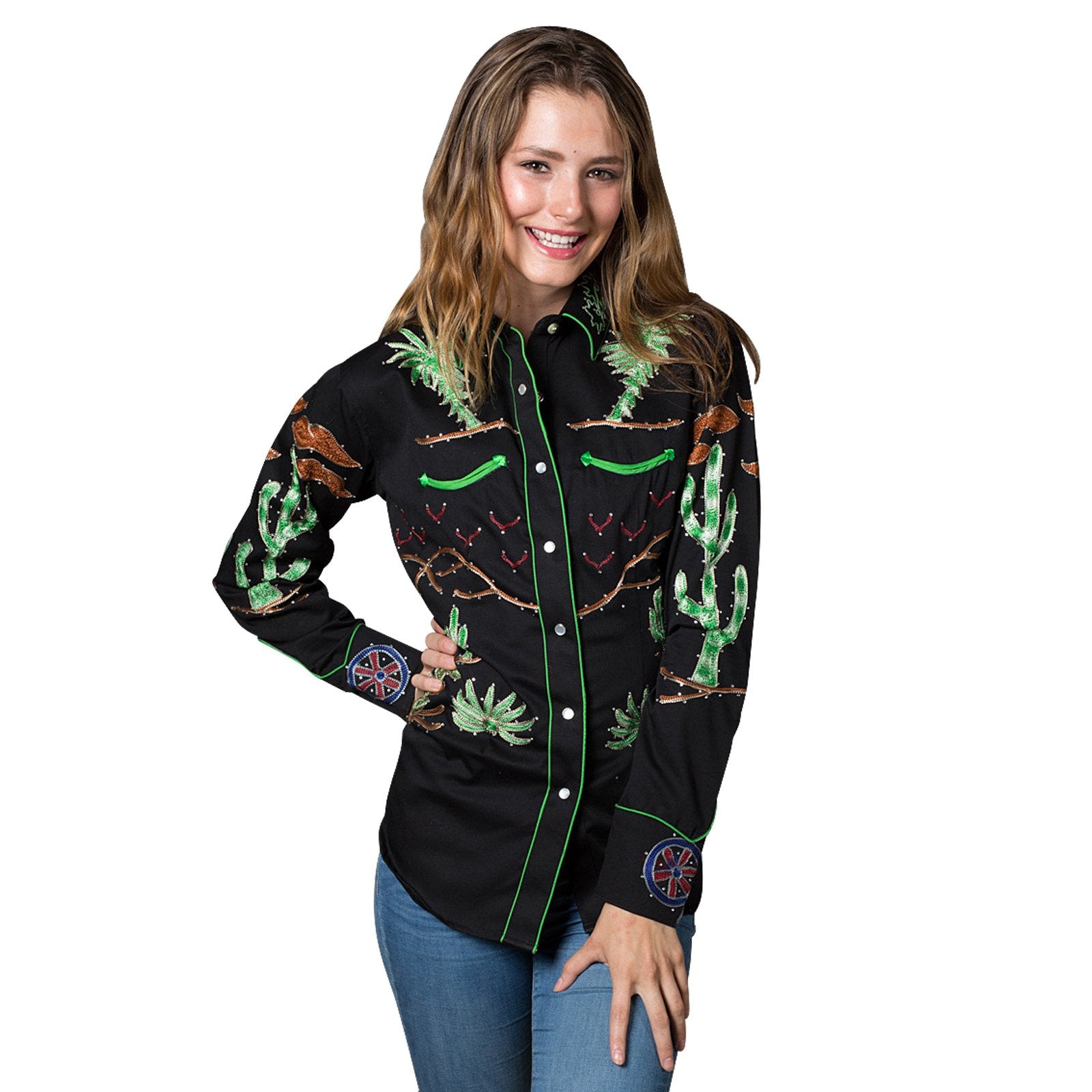 Rockmount Ranch Wear Ladies' Palm Trees Wagon Wheel Shirt Black 