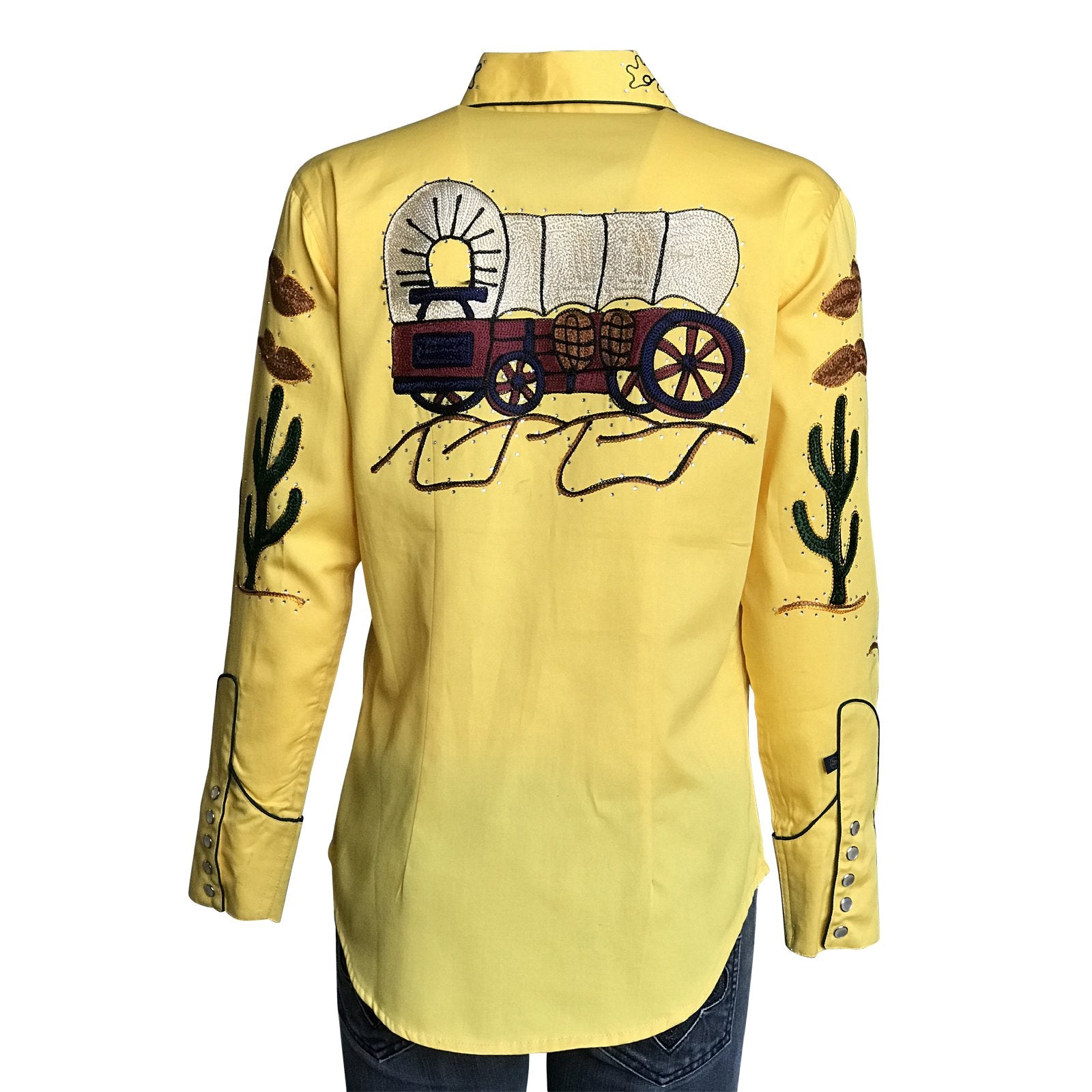 Rockmount Ladies' Western Vintage #7755 Palm Trees Wagon Wheels Shirt Gold Front