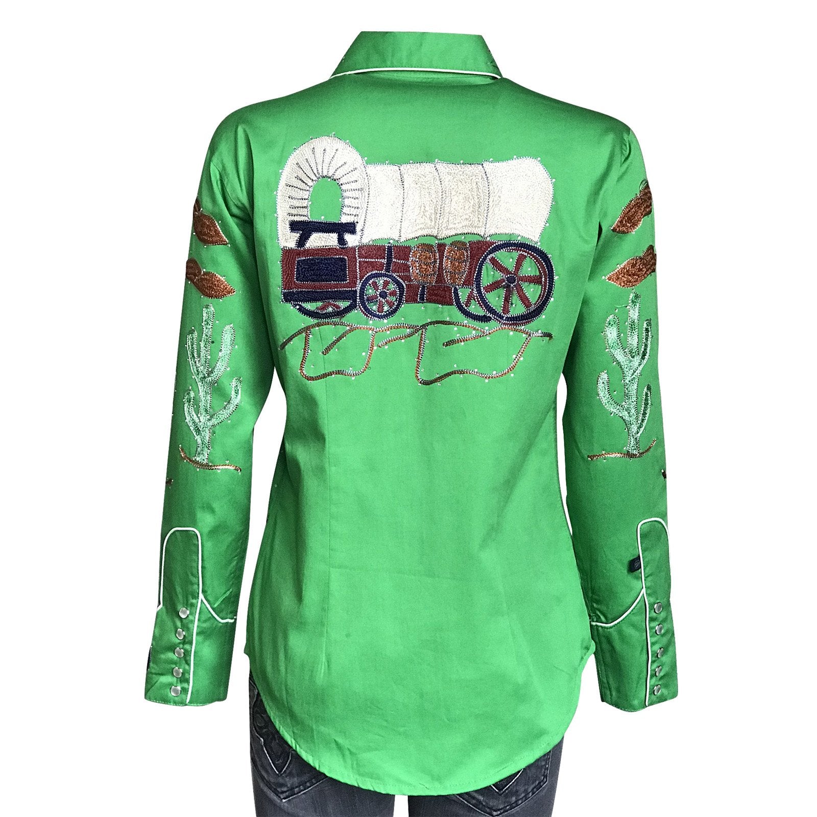Rockmount Ranch Wear Ladies' #7755 Palm Trees Wagon Wheels Shirt Green Front