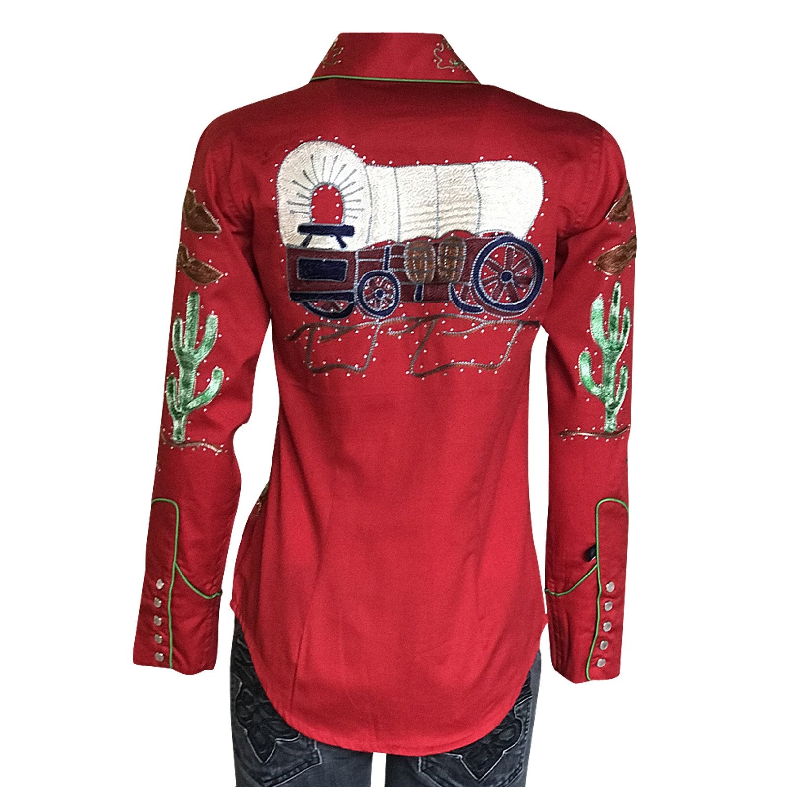 Rockmount Ranch Wear Ladies' #7755 Palm Trees Wagon Wheels Shirt Red Front