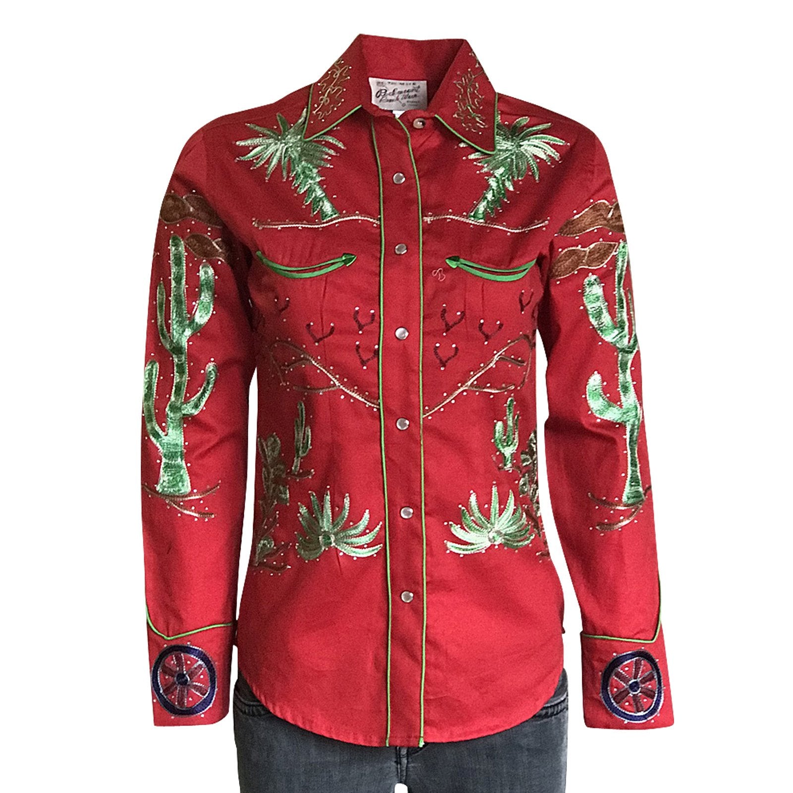 Rockmount Ranch Wear Ladies' #7755 Palm Trees Wagon Wheels Shirt Red Front