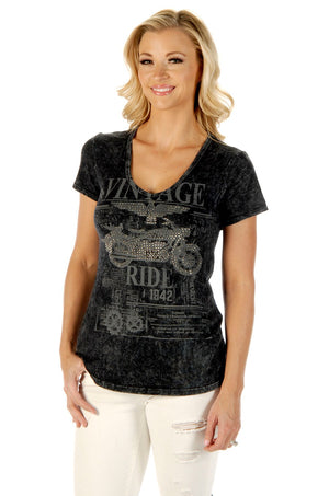 Liberty Wear Women's T-Shirt Vintage Ride Mineral Wash Grey Front View