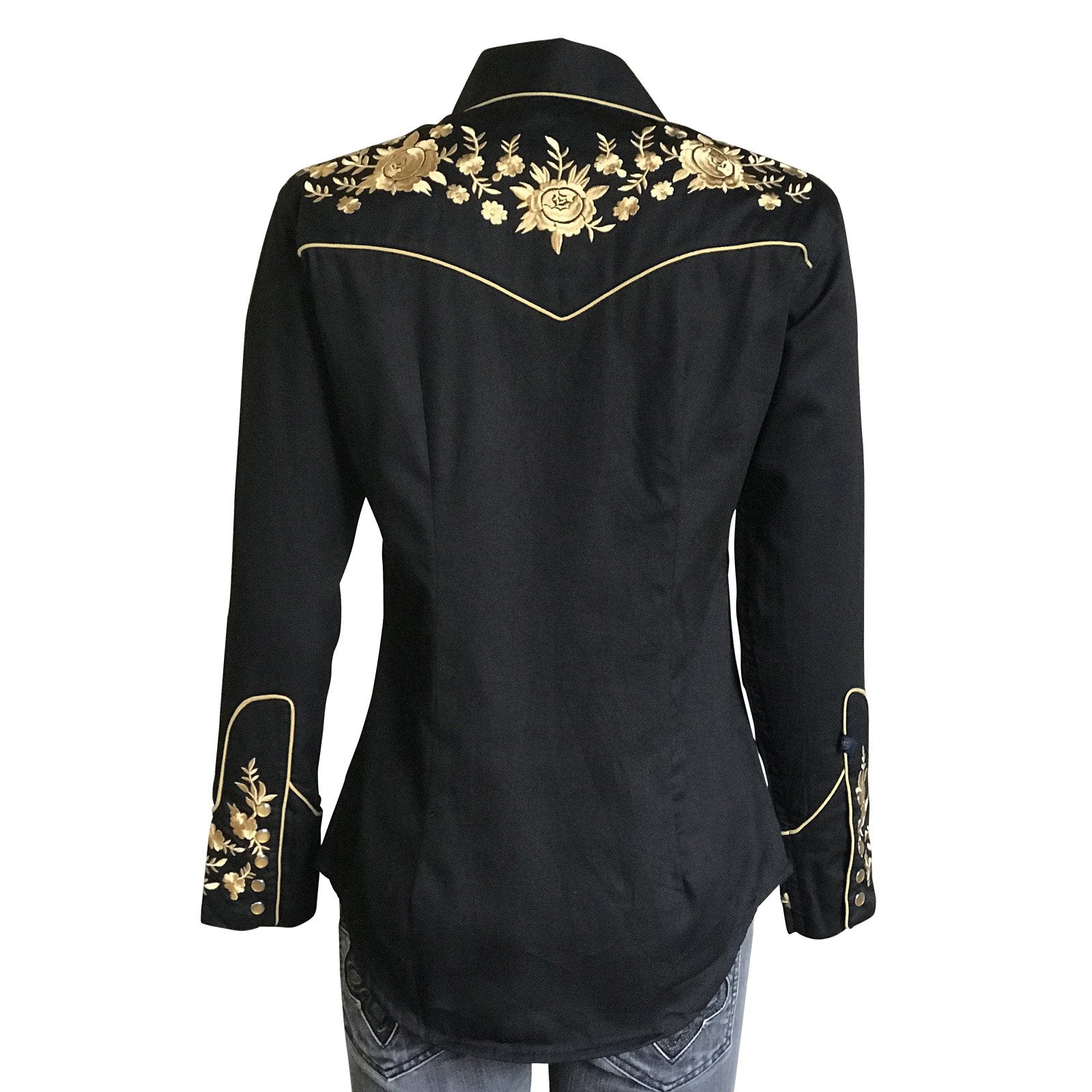 Rockmount Ranch Wear Women's Vintage Inspired Western Shirt with Gold Floral Embroidery Front