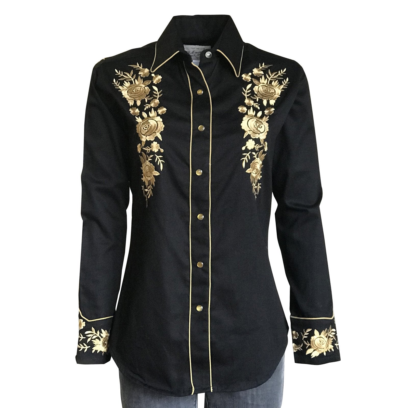 Rockmount Ranch Wear Women's Vintage Inspired Western Shirt with Gold Floral Embroidery Front
